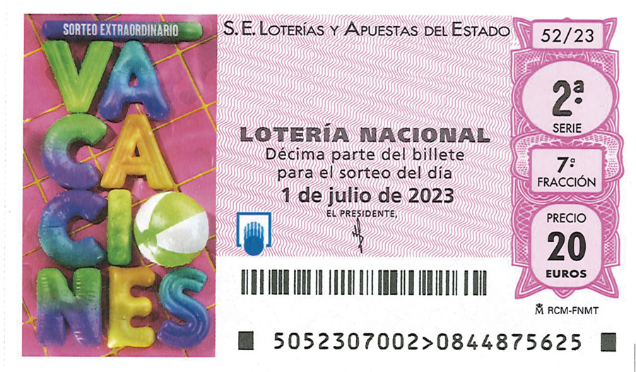 Cup&oacute;n loter&iacute;a sorteo extraordinario 1 de Julio Vacaciones 2023